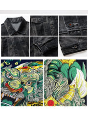 Embroidery Lapel Long Sleeve Men's Denim Jackets