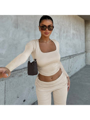 Pure Color Ruched Long Sleeve Pant Sets