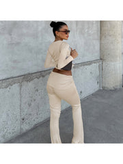 Pure Color Ruched Long Sleeve Pant Sets