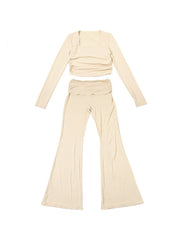 Pure Color Ruched Long Sleeve Pant Sets