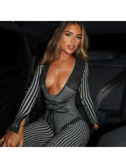 Striped Tie-wrap Deep V Neck Knitted Jumpsuits