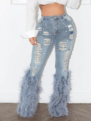 Faux Pearl Feather Denim Ripped Jeans