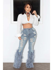 Faux Pearl Feather Denim Ripped Jeans