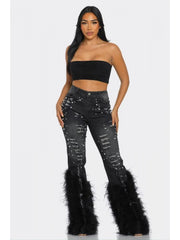 Faux Pearl Feather Denim Ripped Jeans