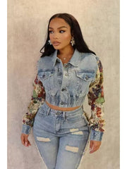 Floral Collar Buckle Denim Cropped Jackets