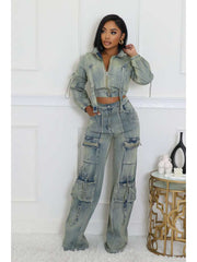 Washed Denim Jackets Cargo Pant Sets