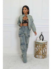 Washed Denim Jackets Cargo Pant Sets