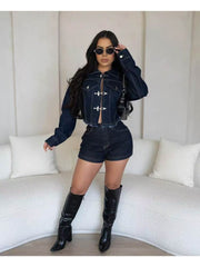 Raged Hem Metal Buckle Denim Jacket Short Sets