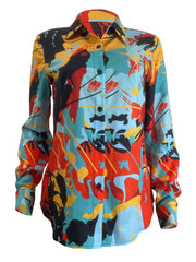 Colorblock Graffiti Loose Button Up Shirt