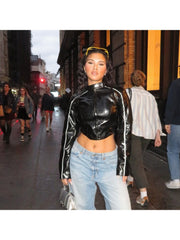 Reflective Irregular PU Cropped Jackets