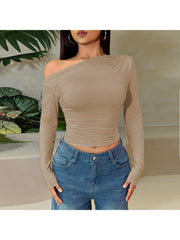 Plain Ruched Inclined Shoulder Cropped Tops