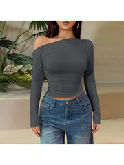 Plain Ruched Inclined Shoulder Cropped Tops