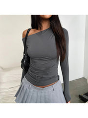 Plain Ruched Inclined Shoulder Cropped Tops