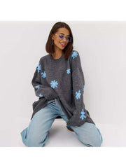 Embroidery Pullover Crewneck Flower Knit Sweater