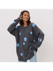 Embroidery Pullover Crewneck Flower Knit Sweater