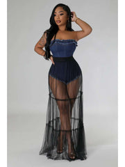 Sheer Denim Raged Hem Strapless Maxi Dress