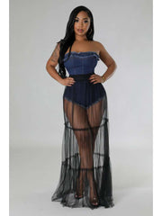 Sheer Denim Raged Hem Strapless Maxi Dress