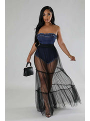 Sheer Denim Raged Hem Strapless Maxi Dress