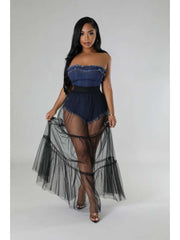 Sheer Denim Raged Hem Strapless Maxi Dress