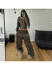 Camo Raged Hem Zipper Hooded Pant Sets