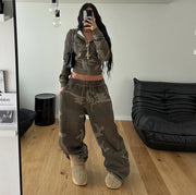 Camo Raged Hem Zipper Hooded Pant Sets