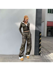 Camo Raged Hem Zipper Hooded Pant Sets