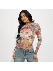 Floral Hollow-out Wrap Fitted Bodysuits