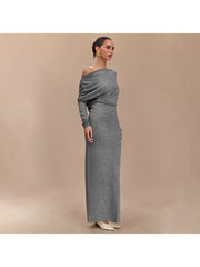 Solid Inclined Shoulder Ruched Maxi Dress