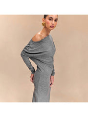 Solid Inclined Shoulder Ruched Maxi Dress