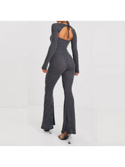 Ribbed Halter Backless Jumpsuit Bolero Sets