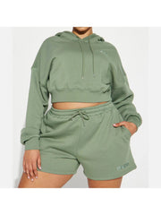 Cropped Embroidery Hooded Short Sets