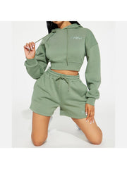 Cropped Embroidery Hooded Short Sets