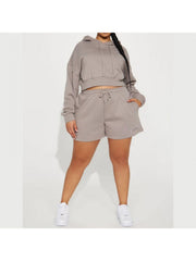 Cropped Embroidery Hooded Short Sets