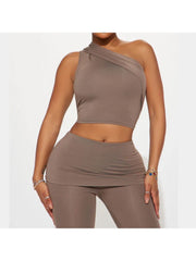 One Shoulder Cropped Tank Fitted Pant Sets