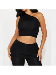 One Shoulder Cropped Tank Fitted Pant Sets