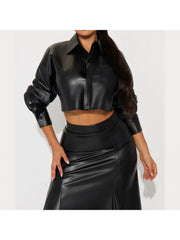 PU Cropped Shirt A-line Full Skirt Sets