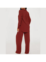 Plain Color Loose Buckle Shirt Pant Sets