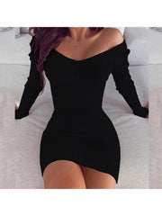 Plain V Neck Fitted Long Sleeves Mini Dress