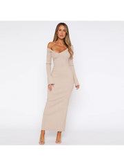 Inclined Shoulder V Neck  Split Hem Dress