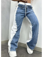 Colorblock Denim Raged Hem Straight Jeans