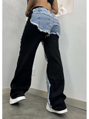 Colorblock Denim Raged Hem Straight Jeans