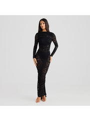 Lace Sheer Ruched Backless Fitted Maxi Dress