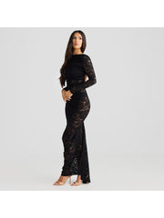 Lace Sheer Ruched Backless Fitted Maxi Dress