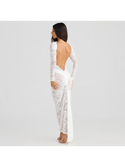 Lace Sheer Ruched Backless Fitted Maxi Dress