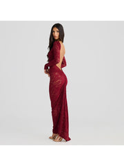 Lace Sheer Ruched Backless Fitted Maxi Dress