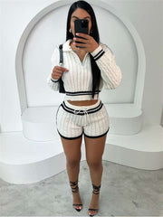 Cabe Knit Striped Lapel Sweater Short Sets