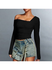 Solid Inclined Shoulder Cropped Tops