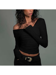 Solid Inclined Shoulder Cropped Tops