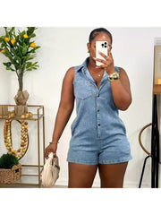 Denim Buckle Collar Sleeveless Rompers