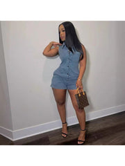 Denim Buckle Collar Sleeveless Rompers